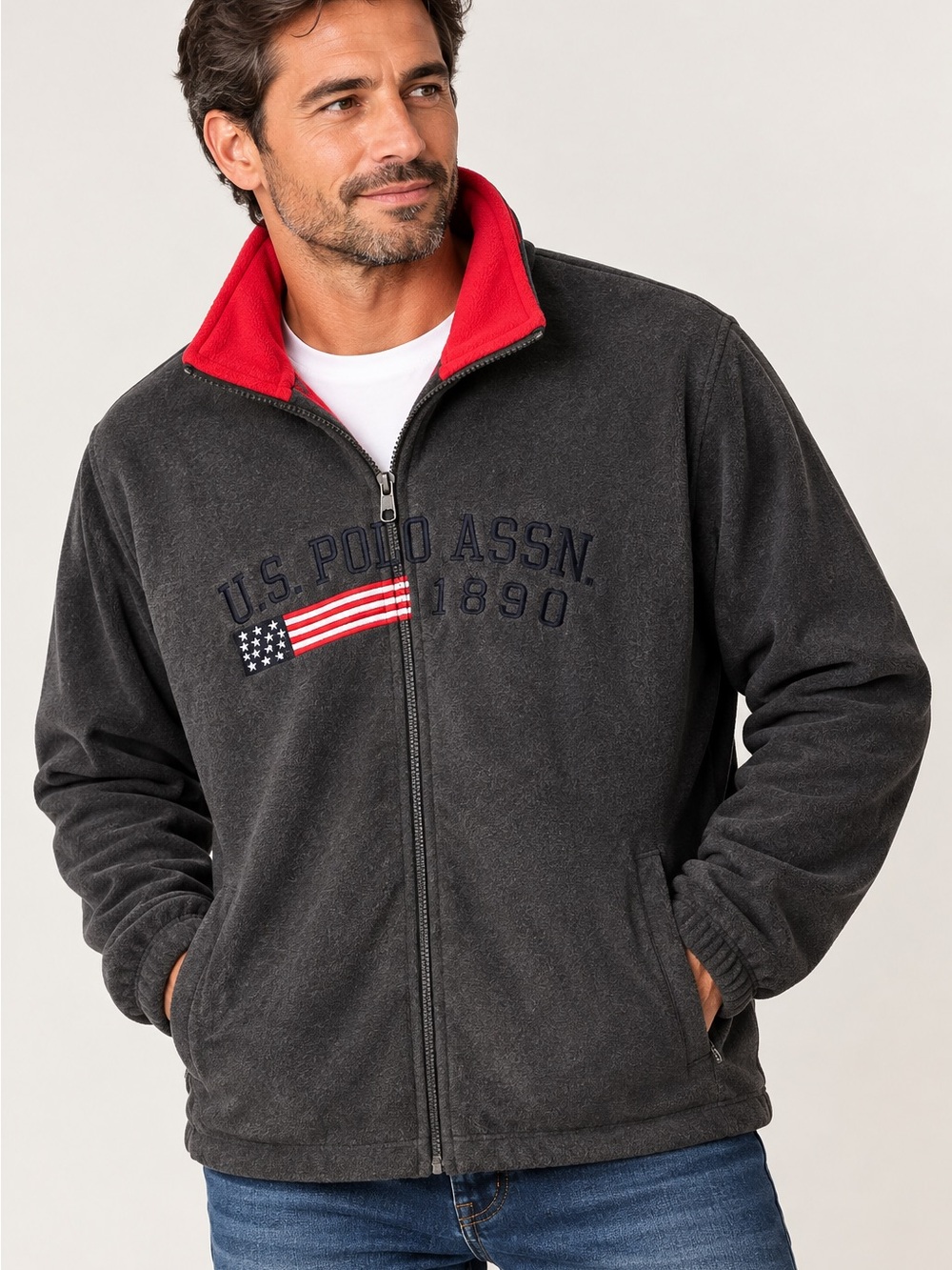 U.S. Polo Assn. 2XL Men’s Full Zip Fleece Jacket Black Red NWT